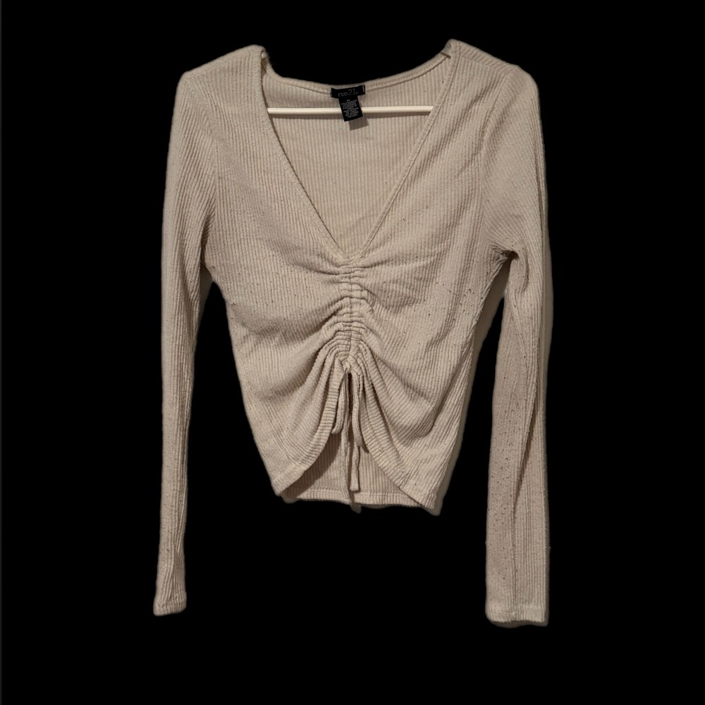 Cream Ruched V-Neck Blouse
